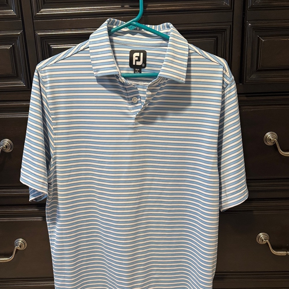 FootJoy Men's Light Blue and White Striped Polo
